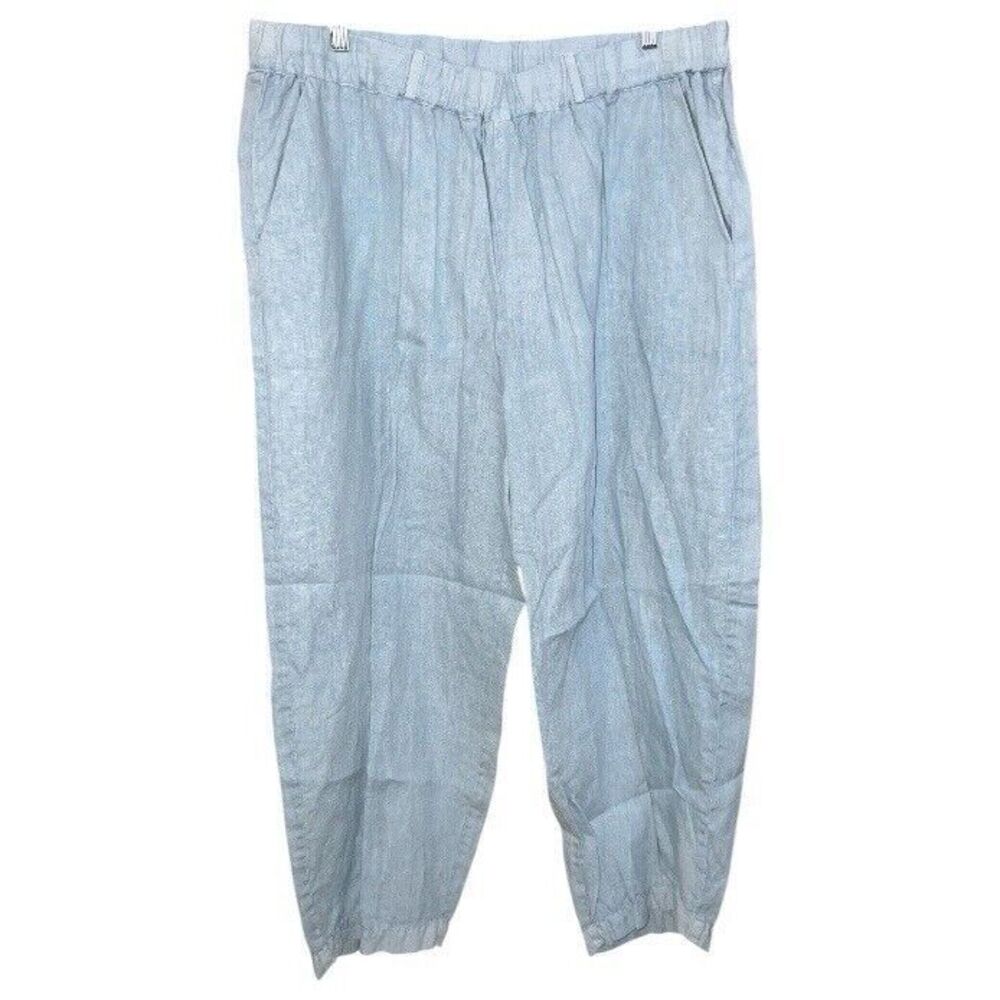 Poetry 100% Linen Wide Leg Cropped Pants Light Blue  Size 14 Pockets Coastal L